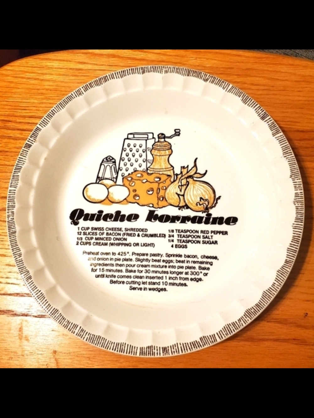 Vintage Quiche Lorraine Ceramic Pie Plate - White with Black and Yellow Graphic